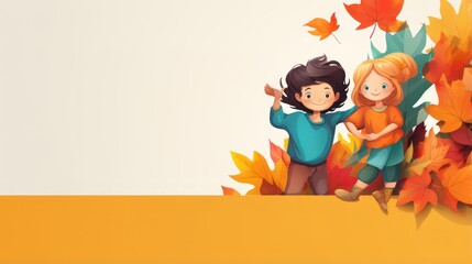 Greeting card template with autumn theme, children's illustrations, with copy space for text.	
