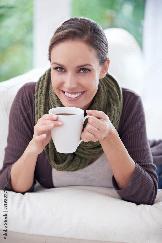 Sticker Woman, happy in portrait and coffee, relax in apartment for comfort or morning routine with warm drink. Caffeine beverage in living room, latte or espresso for chill at home with positive attitude