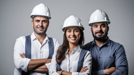 A Confident team of engineers, wearing hard plastic helmets, arms crossed, looking up, white isolated background.