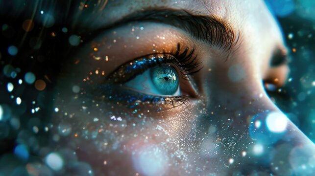 An intense closeup of a womans eyes, with a metallic sheen on her lids and a hint of blue glitter at the corners. As she peers through a window into the depths of space, she is surrounded