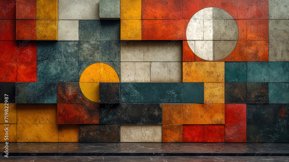 Wall mural abstract geometric pattern on color ceramic tiles, giving dynamism and modernity to the inter