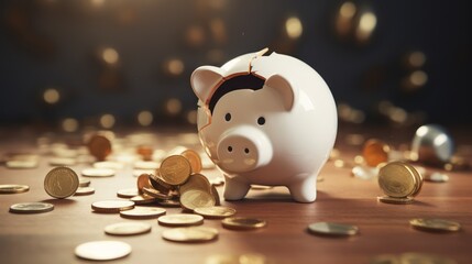 A ceramic piggy bank that's neatly cracked open, two separate piles of coins on either side, photo, realistic.