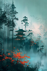 A traditional japanese painting of landscape and temple