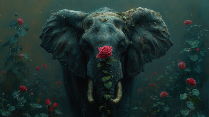 Anthropomorphic portrait of an elephant with a rose in the tru