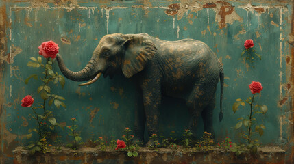 Anthropomorphic portrait of an elephant with a rose in the tr