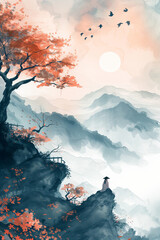 Fototapeta premium A traditional japanese painting of landscape and sun