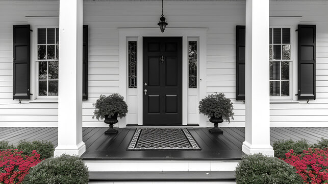 White House - entryway - front door - porch - black and white photograph - meticulous symmetry 