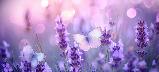Fototapeta premium butterflies flying over lavender plants on a cloudy day