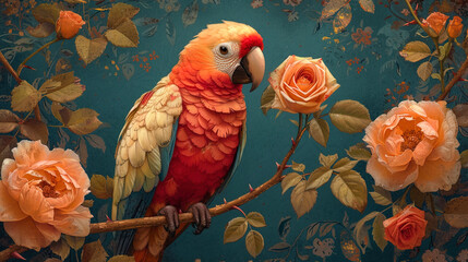 An illustration of a parrot with a rose in the beak, created in an anthropomorphic styl
