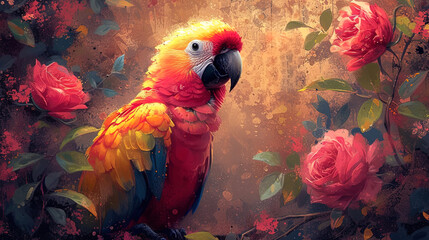 Fototapeta premium An illustration of a parrot with a rose in the beak, created in an anthropomorphic st