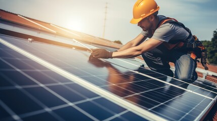 Construction industry, aerial view. An electrician in a helmet is installing a solar panel system outdoors. Engineer builds solar panel station on house roof