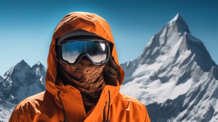 Fototapeta na wymiar A Close-up of mountain range reflected in ski mask, orange ski mask, beautiful scenery, perfection.