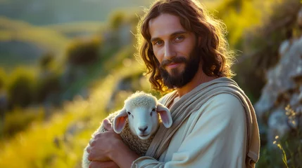Fotobehang Jesus Christ holds a little lamb in his hands. A caring shepherd saves one lamb © Serhii