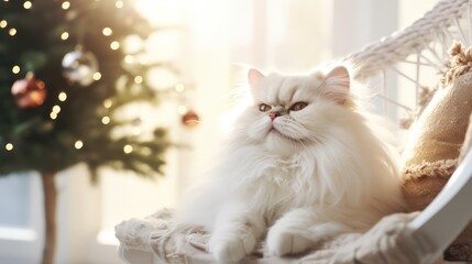 A Cute white Persian cat lying on a modern rocking chair. and yawn against the background of a stylishly decorated Christmas tree in a sunny living room. Pet and Winter Holiday Ideas