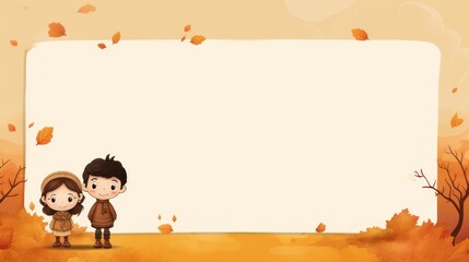 Fototapeta premium Greeting card template with autumn theme, children's illustrations, with copy space for text. 
