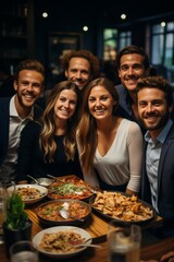 Fototapeta premium Excited coworkers gathered for a Friday office brunch, featuring a variety of delicious dishes, Generative AI