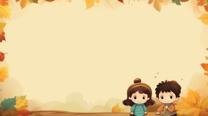 Fototapeta premium Greeting card template with autumn theme, children's illustrations, with copy space for text. 