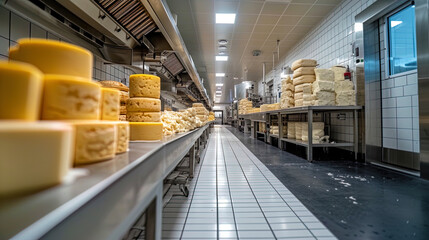 A room at a plant for the production of products where cottage cheese is used for the manufacture of che - obrazy, fototapety, plakaty
