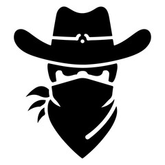 Cowboy Bandit head vector icon, clipart, silhouette, black color, white background