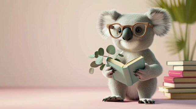 Cartoon digital avatars of a Koala Librarian wearing glasses and holding a mini eucalyptus book as they search for more books to add to their collection.