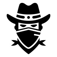 Cowboy Bandit head vector icon, clipart, silhouette, black color, white background