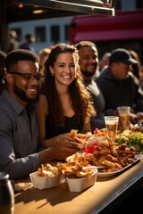 Fototapeta premium Group of professionals enjoying food truck delights during a lively break, Generative AI