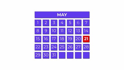 21st May calendar icon animation. Alpha matte with transparent background 4K resolution.