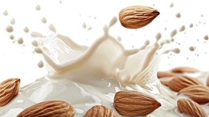 Milk splash with almonds isolated on a white background.