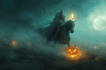 A headless horseman riding through a misty pumpkin patch with a glowing jack-o-lantern - obrazy, fototapety, plakaty