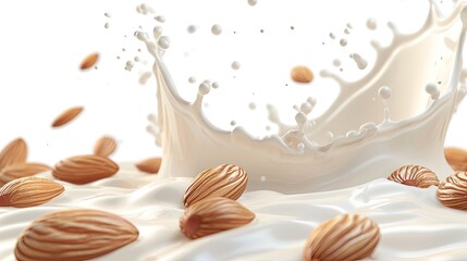 Milk splash with almonds isolated on a white background.