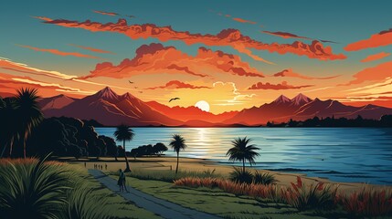 Malawi landscape cartoon colorful flat illustration.