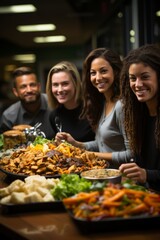 Multicultural team savoring a healthy lunch spread in the office, promoting communal dining, Generative AI