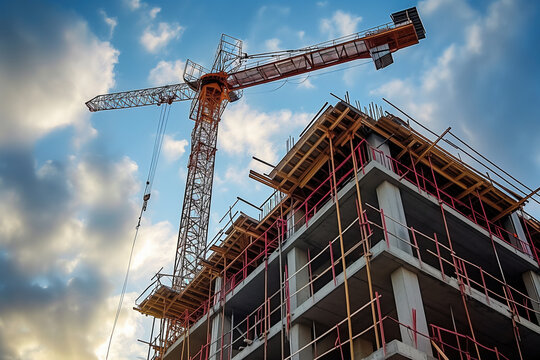 New high rise tenement building construction a multi storey building with cranes Generative AI