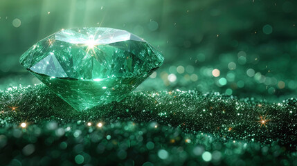 Emerald with a reflection of the green rays of the Sun a reflection of light rays, creating the effect of green sunligh