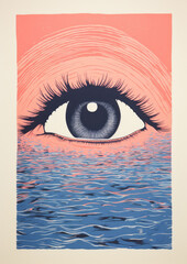 Screenprint simple lithograph style print - The eye of a woman