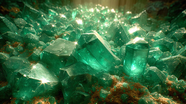 Emerald with a reflection of the green rays of the Sun a reflection of light rays, creating the effect of green sunli