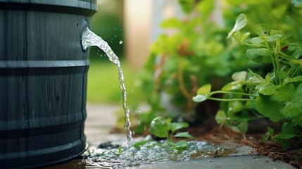 Closeup of a rain barrel collecting water from a downspout, conserving resources.