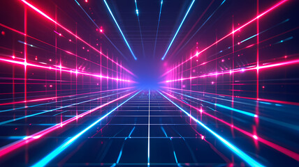 Obraz premium Neon Glow Grids Cyan Blue and Red Lights with Virtual Reality Concept Background