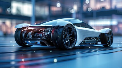 Futuristic electric sport fast car chassis and battery packs with high performance or future EV. - obrazy, fototapety, plakaty