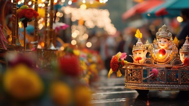 Closeup of beautifully decorated floats parading through the streets at a cultural celebration.