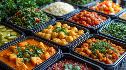 Food laid in convenient containers for delivery purpo - obrazy, fototapety, plakaty