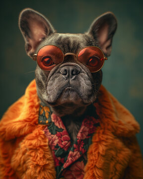Retrato de un perro Bulldog Frances vestido con un traje elegante y alegre
