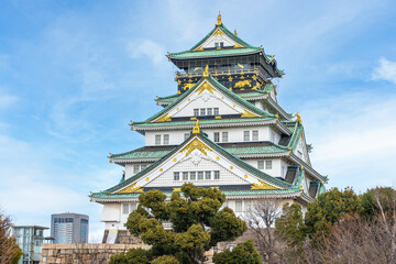 Osaka castle famous japanese castle landmark in Osaka City, Kansai, Japan with blue sky background