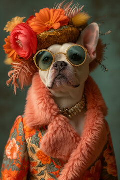 Retrato de perro Bull Terrier vestido con un traje alegre y floreado y lleva gafas ı Generado con IA