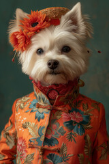 Retrato de un perro West Highland White Terrier con chaqueta alegre ı Generado con ia