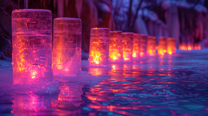 Ice with a reflection of flashlights light and shine, reflected from lanterns, create the impression of a nightligh