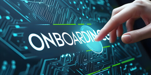 Onboarding new employee process concept with hand pressing button with text. Ensuring that the new employees are able to hit the ground running with their new team. Staff induction practices