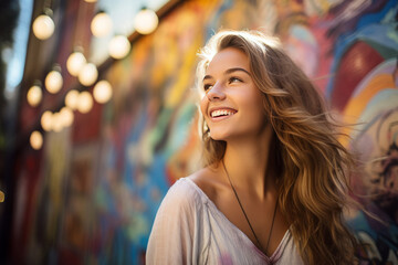 An angled shot of a teenage girl exploring hidden alleys and discovering local street art. Use a...