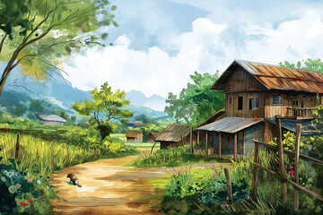 Fototapeta premium Hillside Home Amidst Nature's Beauty: A traditional wooden house nestled on a hill, surrounded by lush gardens and a serene forest landscape, showcasing the charm of an old-world village in the heart 