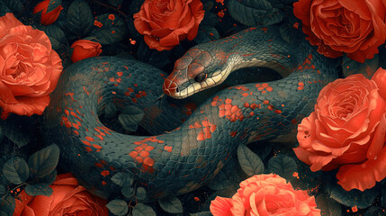 Illustration of a snake with a rose in a tail in an anthropomorphic im - obrazy, fototapety, plakaty